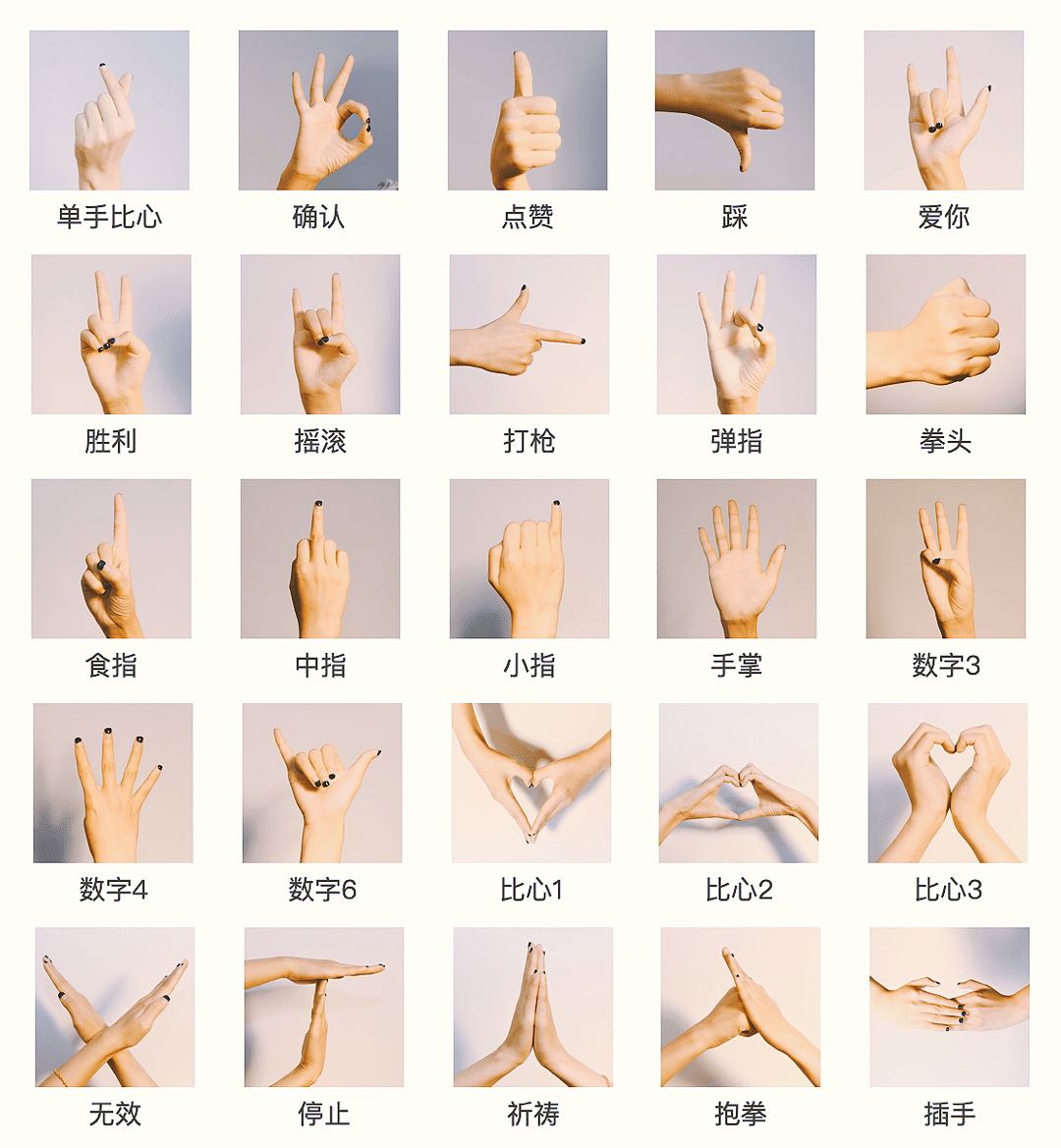 双手手势有:比心1,比心2,比心3,无效,停止,祈祷,抱拳,插手.