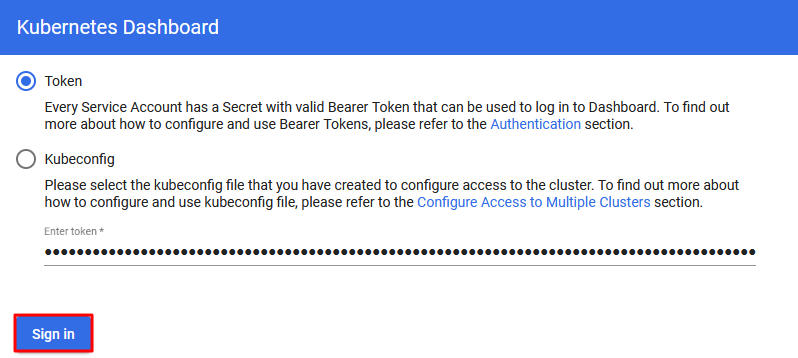 Kubernetes Dashboard Sign in